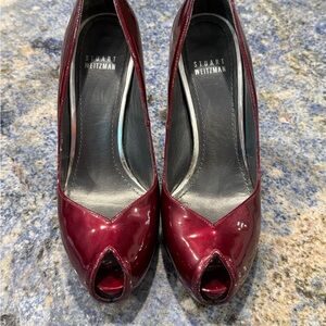 Stuart Weitzman Deep Candy Red Valentines Glam Patent Peep Toe Sexy High Heels 8